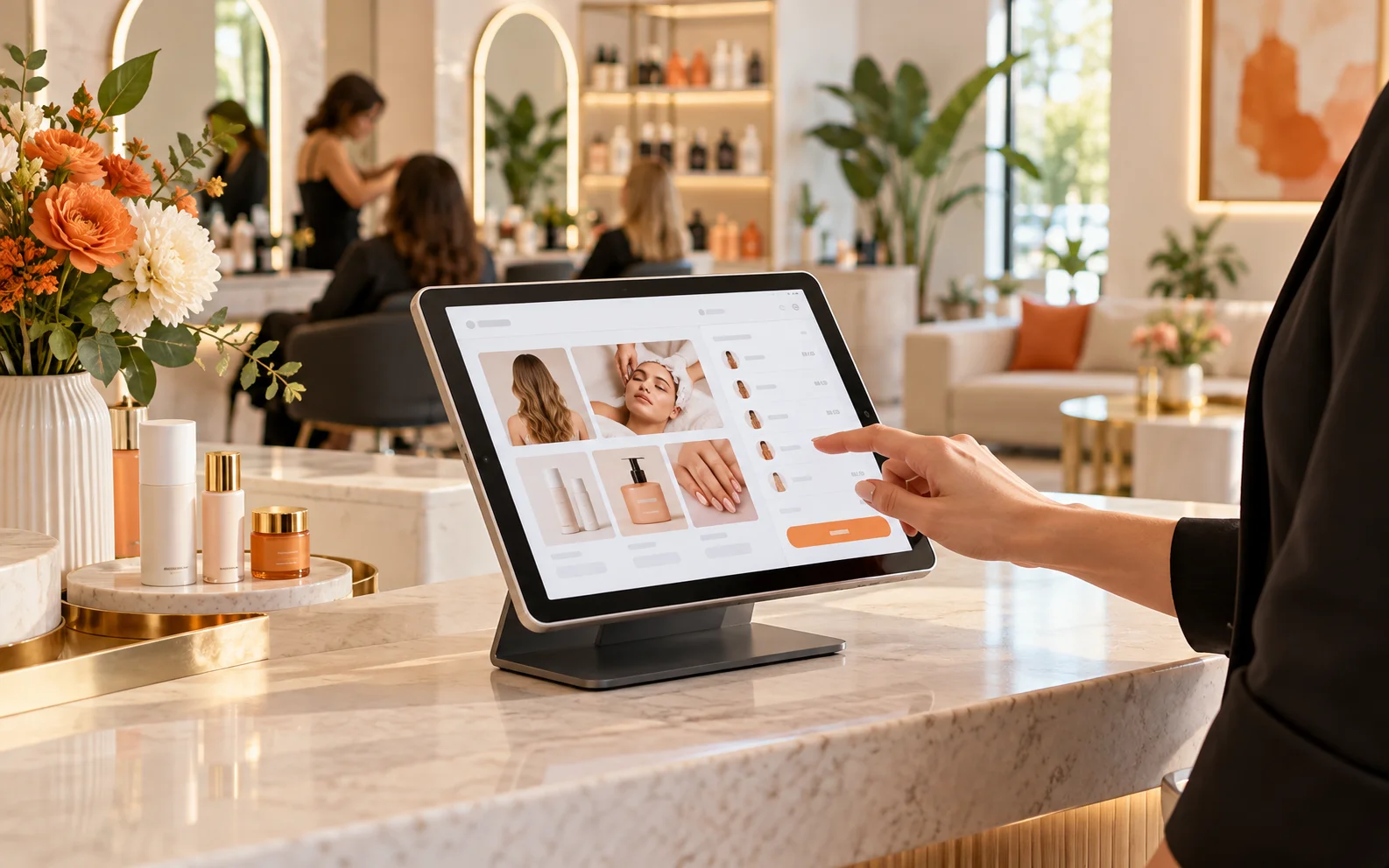 A tablet billing system at a salon front desk