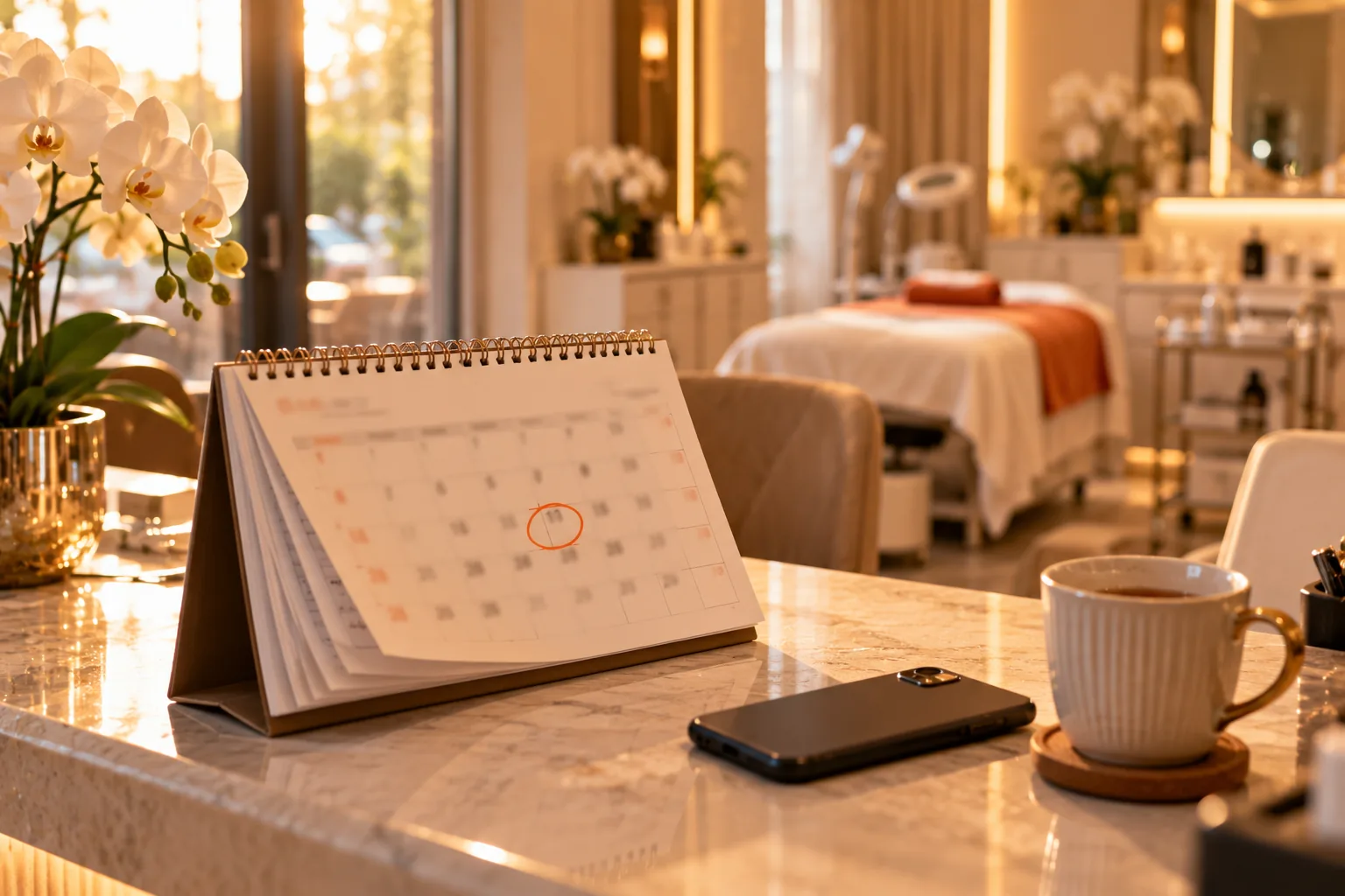 A desk calendar at the front desk flipped forward several months with one date circled, beside a cup of cold tea