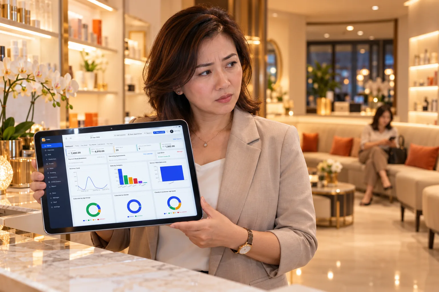 A salon owner holds a tablet showing business reports, with only one customer in the waiting area behind her