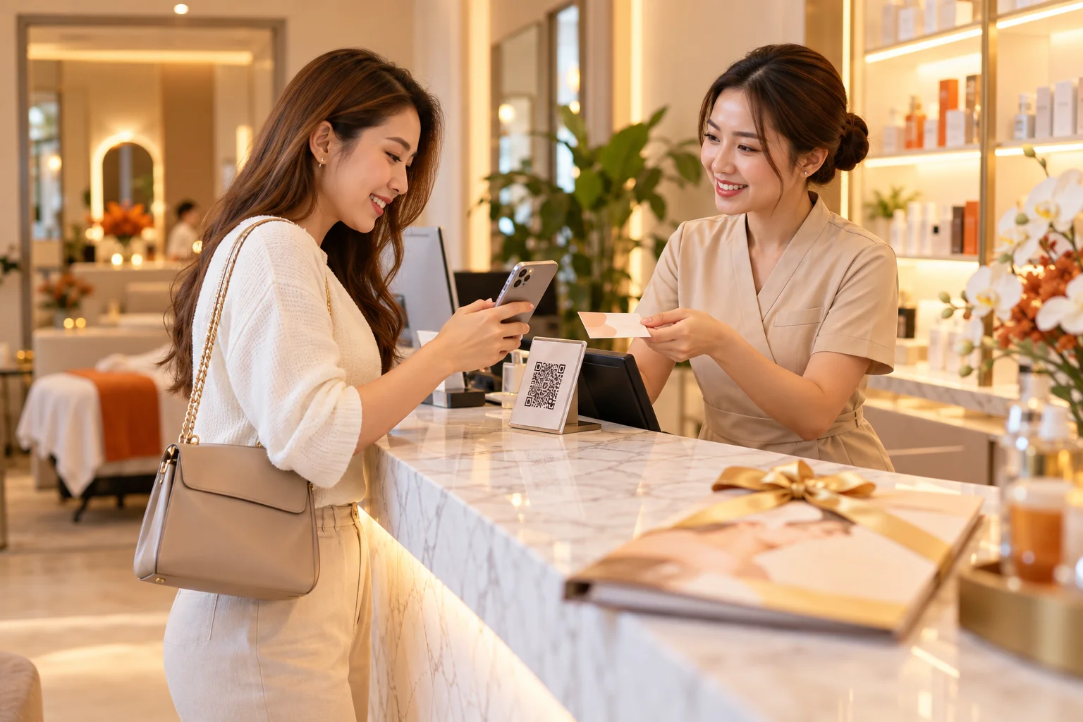 A customer pays quickly at the counter while the premium package brochure sits untouched