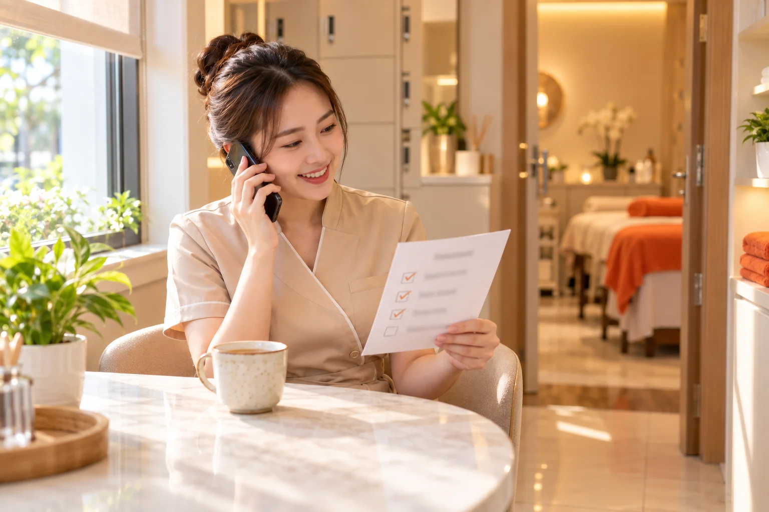 A beautician on her break calls a customer for a follow-up, with a follow-up list on the table
