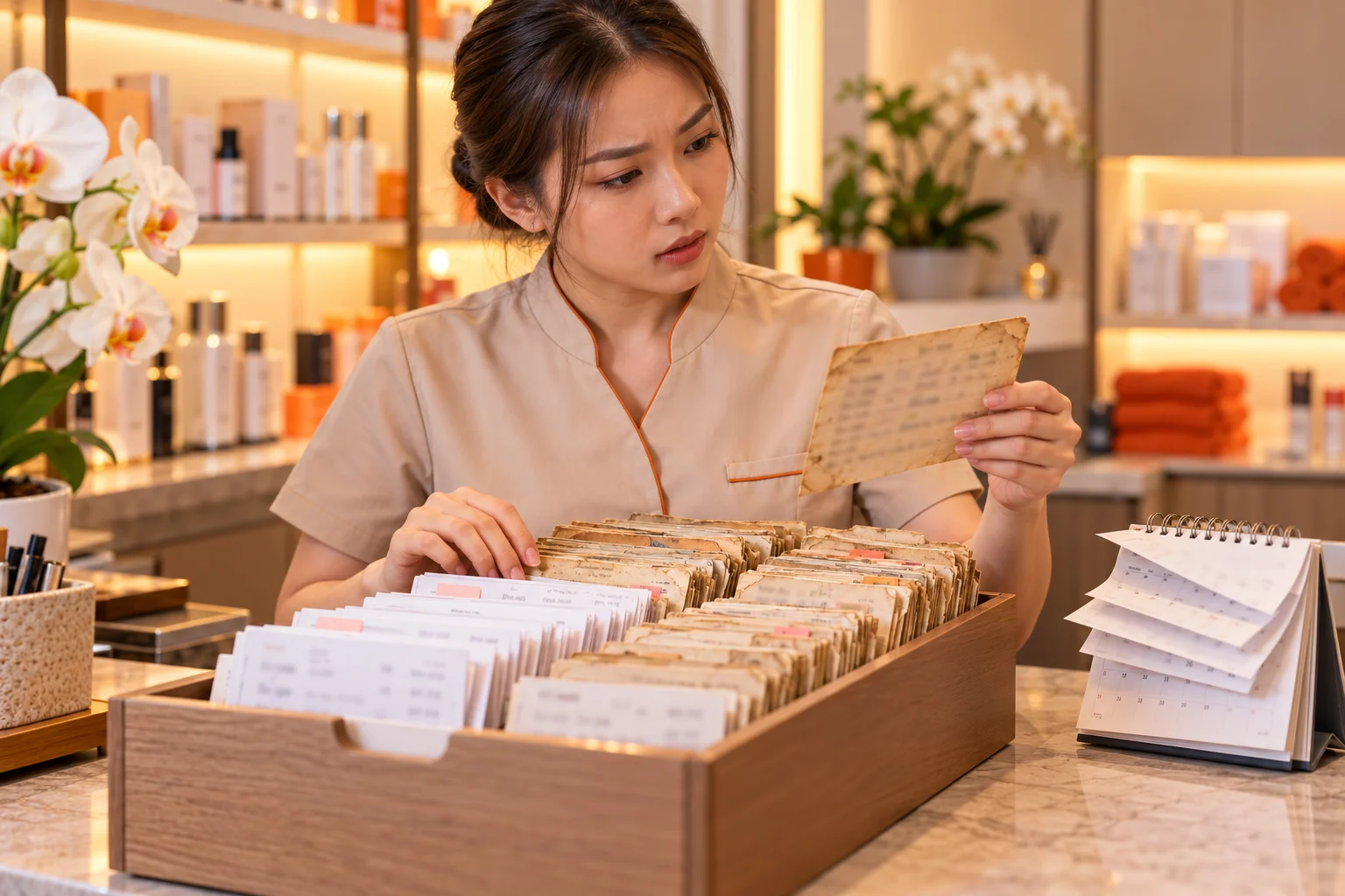 美容师翻着一盒旧顾客卡，很多卡片已经发黄
