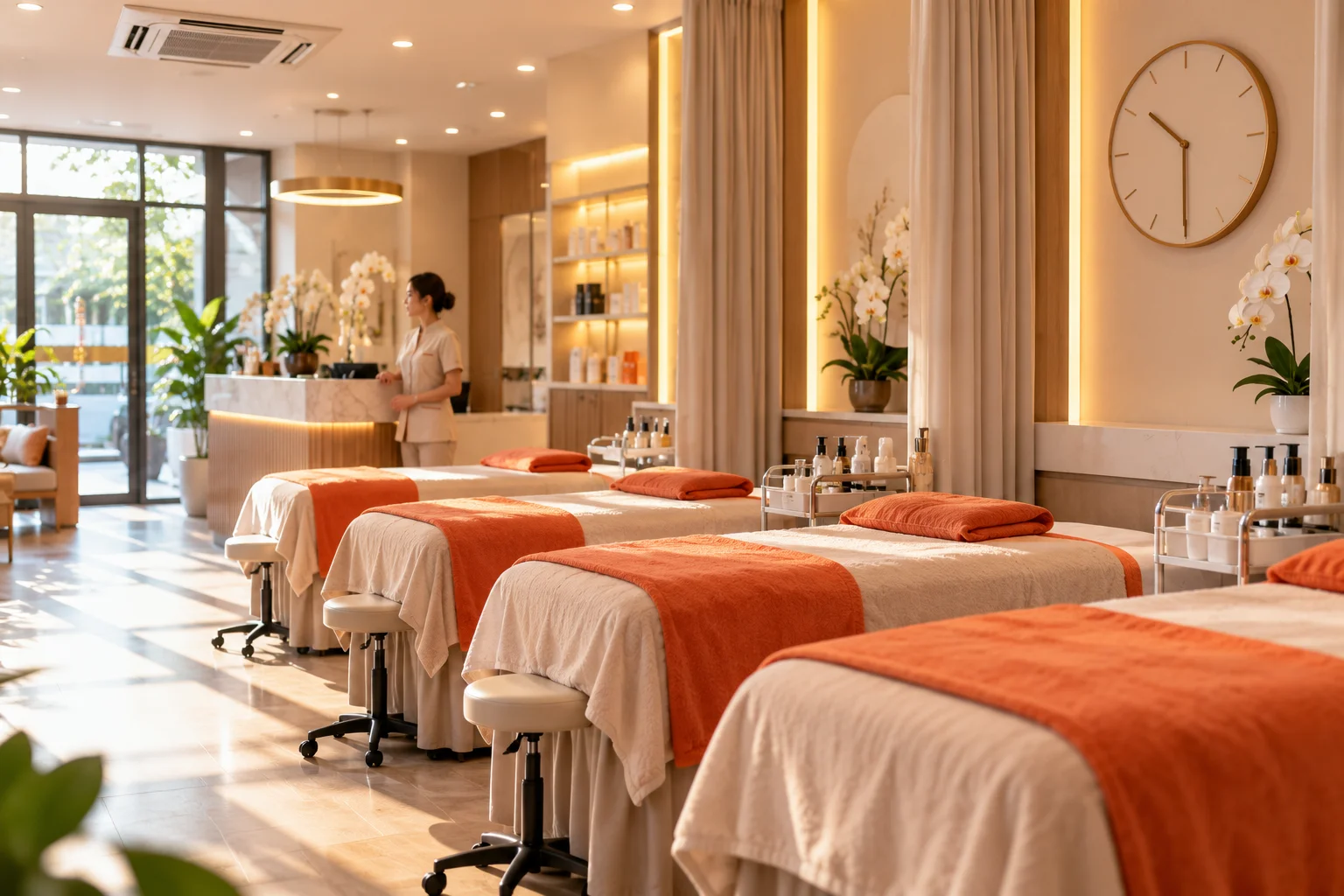 A salon in the morning with every treatment bed empty and a beautician waiting for customers