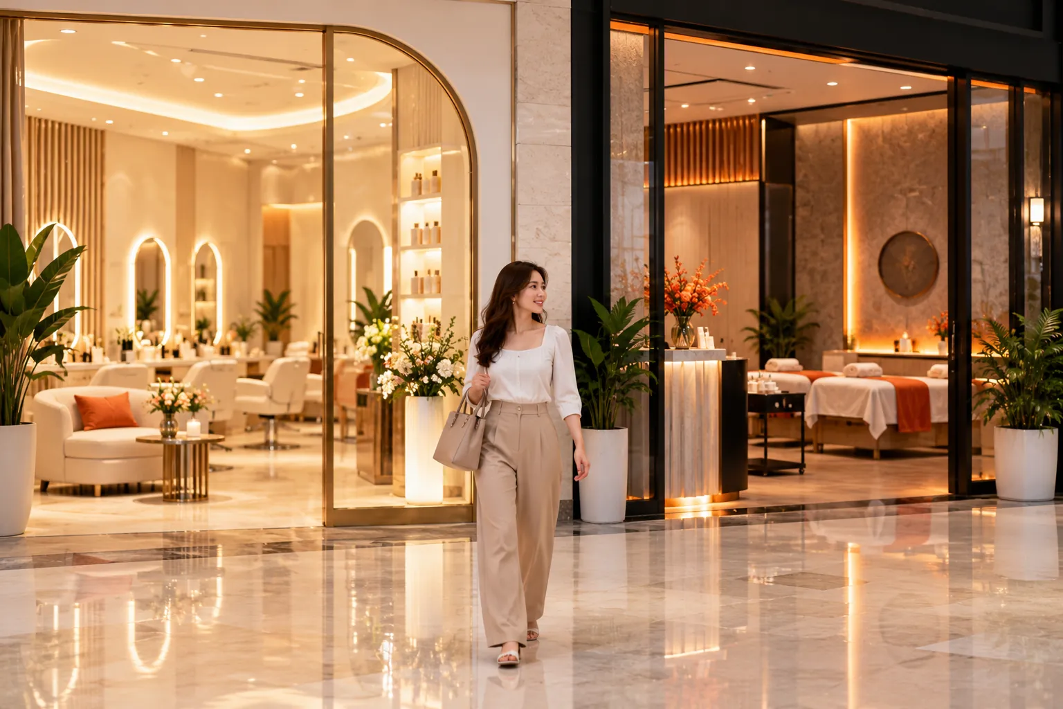 两间不同装潢的美容院门面并排，一位客人提着包从中间走过