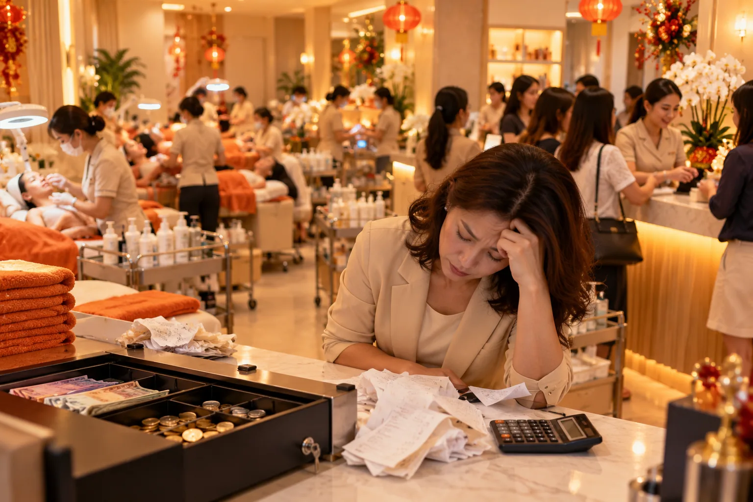 A salon packed with customers during the festive season while the owner frowns over a pile of receipts at the counter