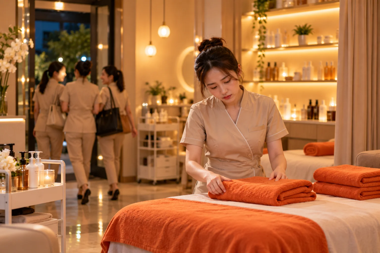 After closing, the hardest-working beautician is still tidying the treatment room while her colleagues leave chatting